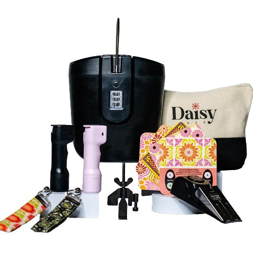 DaisySafe 5 piece safety bundle includes Smart Pepper Spray with wristlet keychain, roofie detecting coasters, doorstop alarm, portable door lock, and portable  lockbox